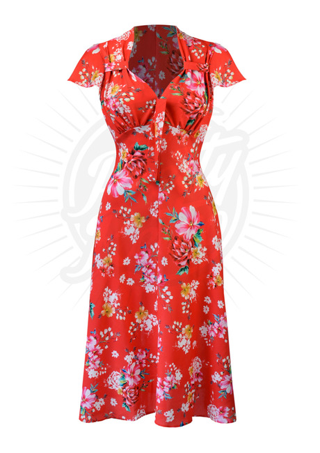 Pretty 40s Style Tea Dress in Scarlet Bloom